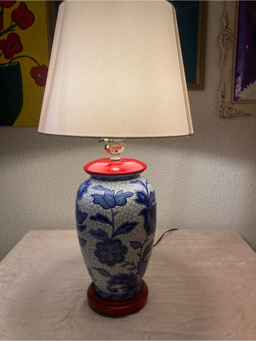 Vintage Blue and White Floral Ceramic Lamp with Red Accents